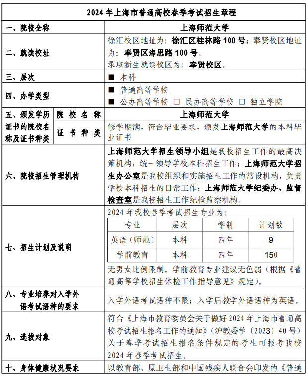 2024年上海师范大学春季高考招生简章 2024年上海师范大学春季高考招生简章